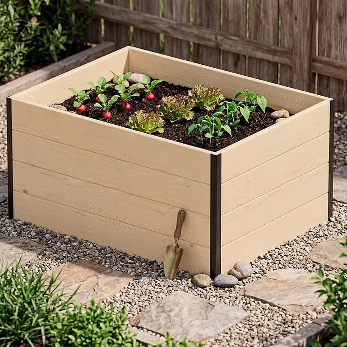 Upyard Hochbeet Gardenbox I-Box - 80 x 60 x 40 cm, Holz, Natur - Hölzernes Hochbeet mit schwarzen Eckakzenten, gefüllt mit Radieschen, Salat und Setzlingen, draußen auf einem Kiesweg.