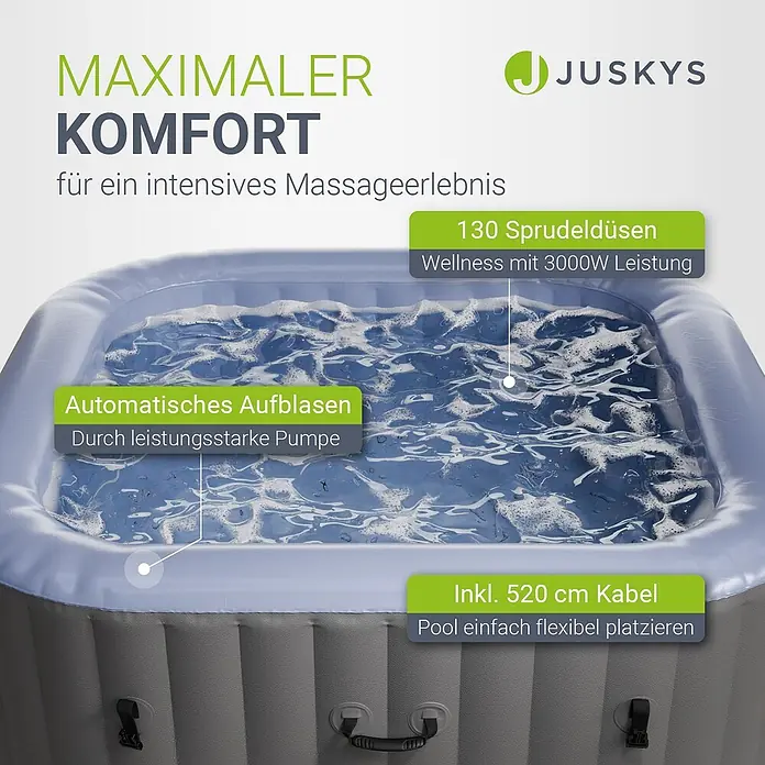 Juskys Außen-Whirlpool SpaLuxe - 185 x 185 x 65 cm, Grau - Grauer aufblasbarer Whirlpool mit sprudelndem Wasser, 130 Massagedüsen und automatischer Aufblasfunktion.