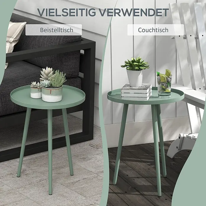 Outsunny Garten-Beistelltisch rund - Ø x H: 50 x 50 cm, Stahl, Grün - Salbeigrüner, runder Metallbeistelltisch, vielseitig einsetzbar als Beistelltisch mit Pflanzen und Couchtisch mit Büchern und Getränk.