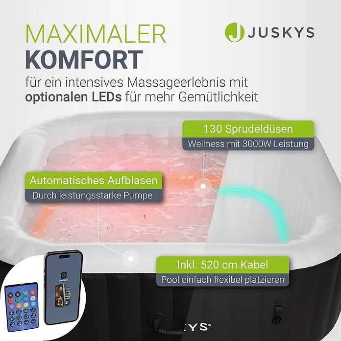 Juskys Außen-Whirlpool SpaLuxe - 185 x 185 x 65 cm, Schwarz - Weiß-schwarzer aufblasbarer Whirlpool mit Massagedüsen, LED-Beleuchtung und automatischer Aufblasfunktion für entspannende Massage.