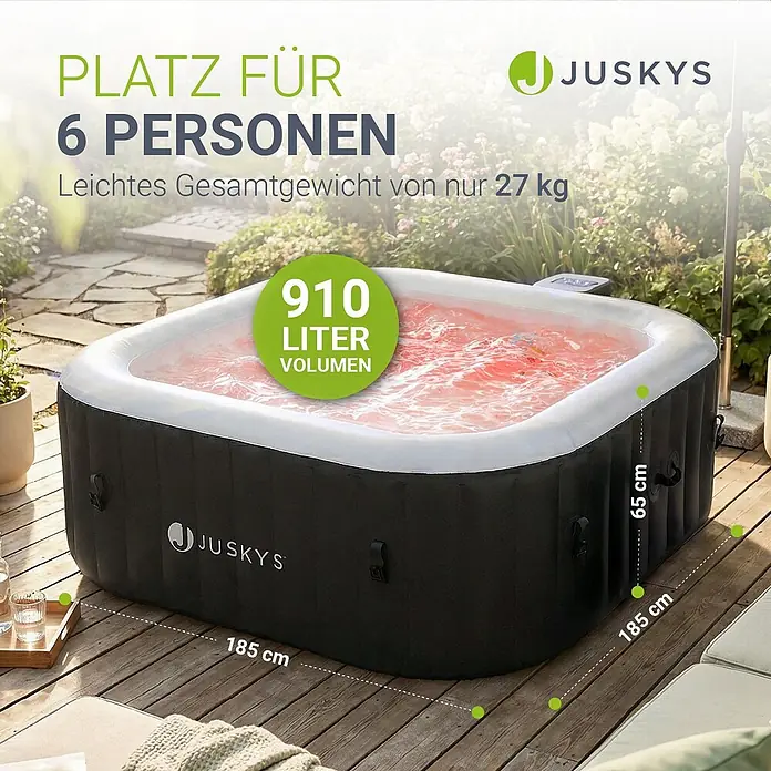 Juskys Außen-Whirlpool SpaLuxe - 185 x 185 x 65 cm, Schwarz - Schwarzer aufblasbarer Whirlpool (185x185x65 cm) für 6 Personen, 910L, auf Holzterrasse.
