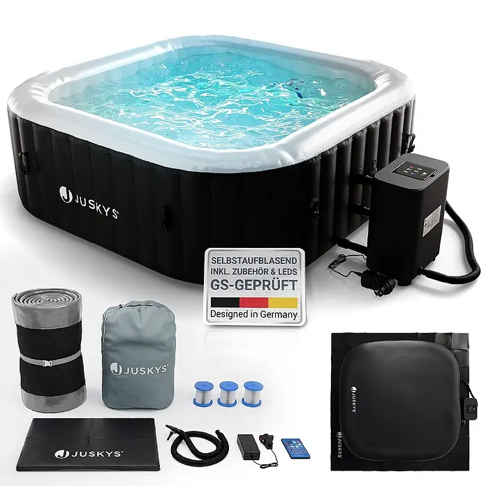 Juskys Außen-Whirlpool SpaLuxe - 185 x 185 x 65 cm, Schwarz - Schwarzer aufblasbarer JUSKYS Whirlpool mit blauem Wasser, Steuereinheit und Zubehör wie Matte, Tasche, Filter und Fernbedienung.