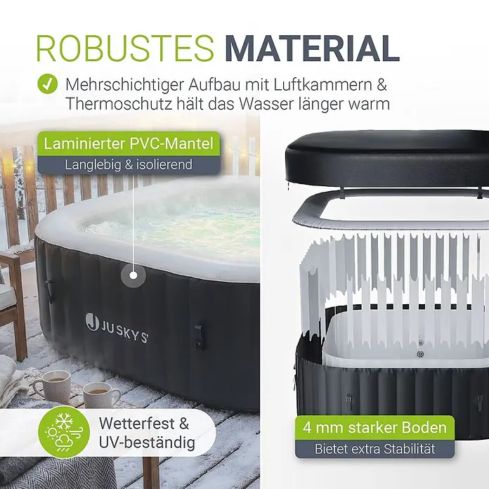 Juskys Außen-Whirlpool SpaLuxe - 185 x 185 x 65 cm, Schwarz - Dunkelgrauer aufblasbarer Whirlpool im Schnee, robust und isoliert für kalte Bedingungen.