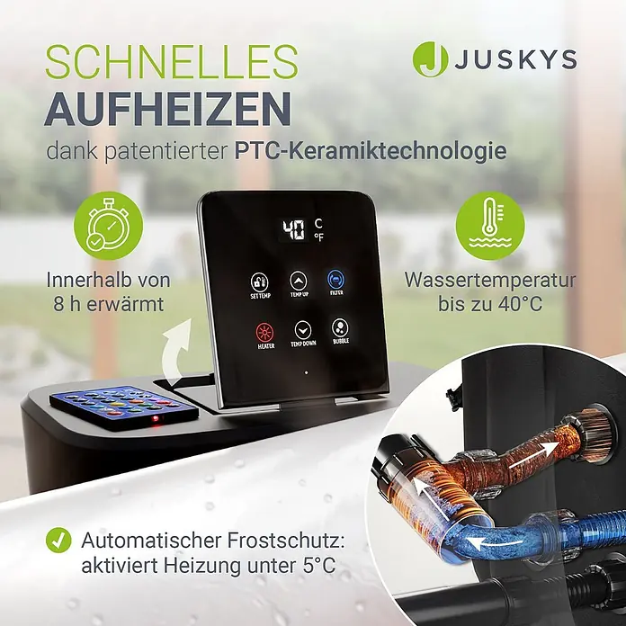 Juskys Außen-Whirlpool SpaLuxe - 185 x 185 x 65 cm, Schwarz - Ein schwarzes Whirlpool-Bedienfeld zeigt 40°C, mit hervorgehobenen Heizelementen und automatischem Frostschutz für schnelles Aufheizen.