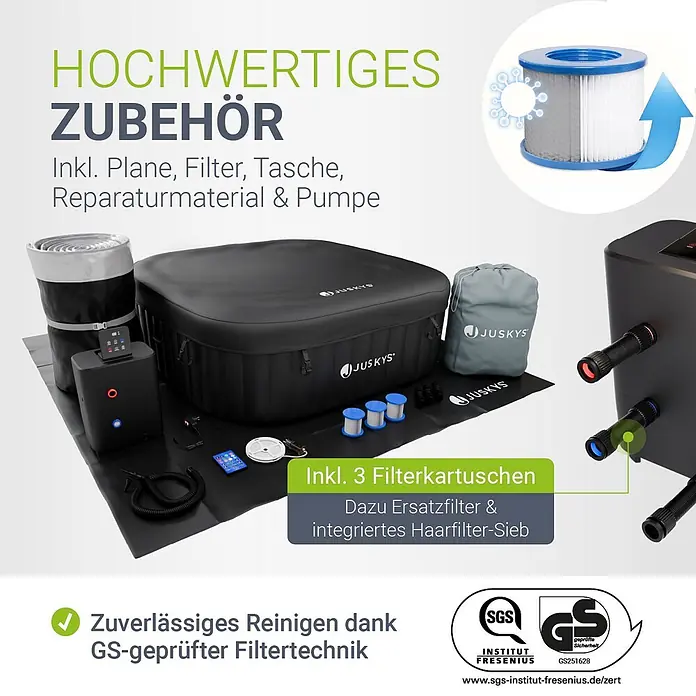 Juskys Außen-Whirlpool SpaLuxe - 185 x 185 x 65 cm, Schwarz - Schwarzer aufblasbarer Whirlpool mit umfassendem Zubehörset, inkl. Filter, Pumpe, Abdeckung und Reparaturmaterial für zuverlässige Reinigung.