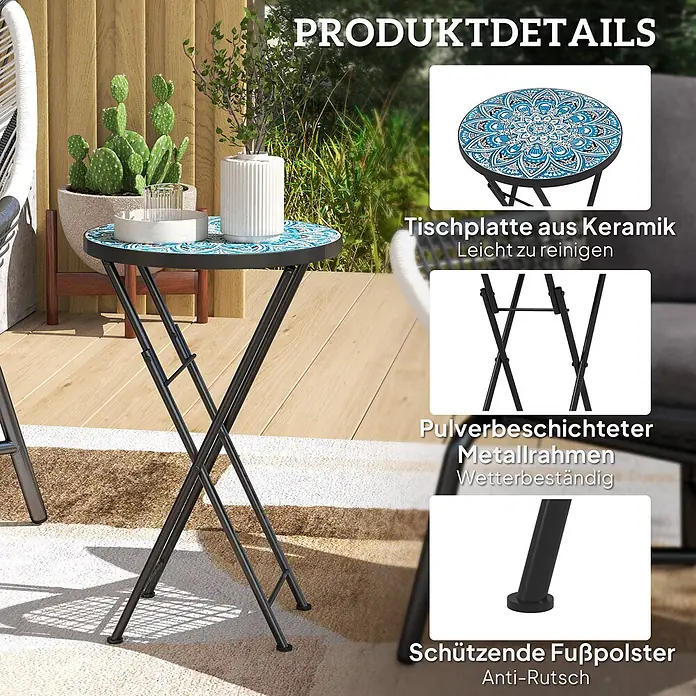 Outsunny Garten-Beistelltisch rund - Ø x H: 35,5 x 55 cm, Klappbar, Blau - Klappbarer Balkontisch mit blau-weißem Keramikfliesentisch, schwarzem Metallrahmen und rutschfesten Füßen auf einem Balkon.