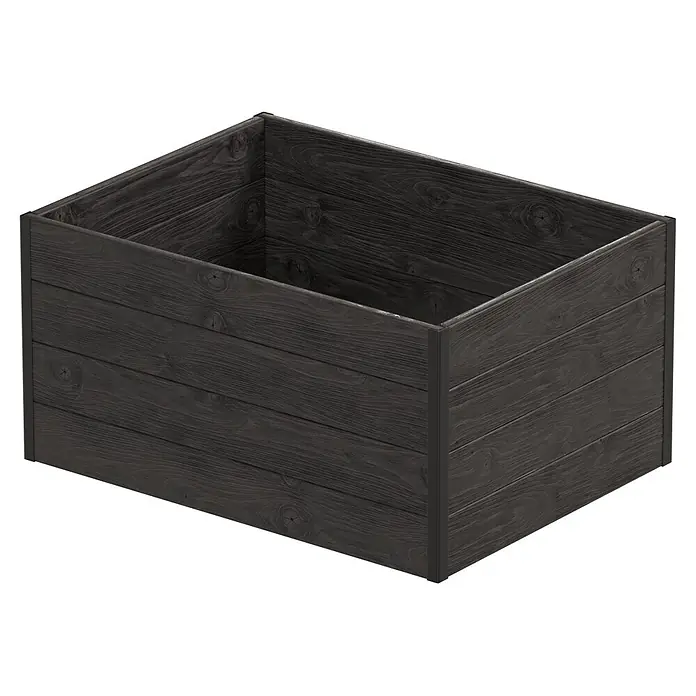 Upyard Huerto I-Box - 80 x 60 x 40 cm, Madera, Negro - Jardinera rectangular vacía de madera oscura con vetas visibles y soportes de esquina negros.
