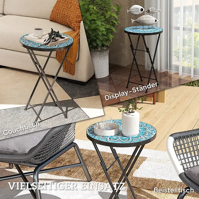 Outsunny Garten-Beistelltisch rund - Ø x H: 35,5 x 55 cm, Klappbar, Blau - Runder Klappbeistelltisch mit blauer Mosaikplatte und schwarzem Metallgestell, vielseitig einsetzbar.
