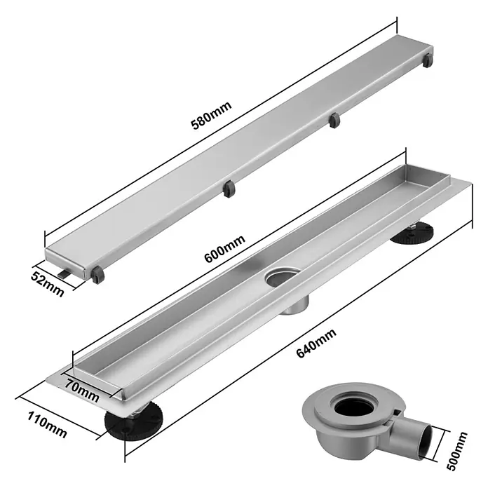 LOMAZOO Duschsystem SFD-02-BRUSHED-60 - Stahl - Silbernes Edelstahl-Linienablaufsystem für Duschen mit Rost, Kanal und Rohrverbindung, Maße angegeben.