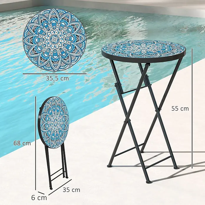 Outsunny Garten-Beistelltisch rund - Ø x H: 35,5 x 55 cm, Klappbar, Blau - Runder Klapptisch mit blau-weißem Mandala-Muster und schwarzem Metallgestell, offen am Pool und gefaltet mit Maßen dargestellt.