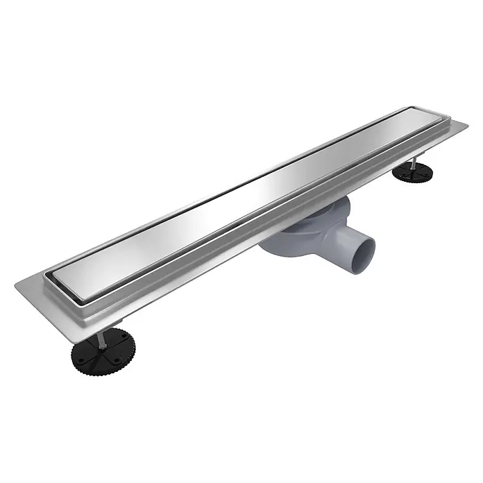 LOMAZOO Duschsystem SFD-02-BRUSHED-80 - Stahl - Glänzender, silberfarbener Linienablauf für Duschen mit grauem Kunststoffrohranschluss und schwarzen Justierfüßen.