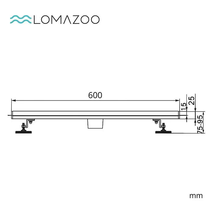 LOMAZOO Duschsystem SFD-01-BRUSHED-60 - Stahl - Technische Zeichnung eines 600 mm langen Linienablaufs mit einstellbarer Höhe von 75-95 mm und 25 mm sichtbarer Oberflächenbreite.