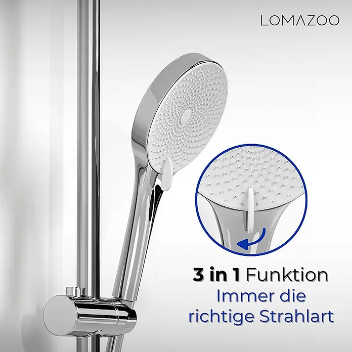 LOMAZOO Duschsystem BARSET-01-CHROME - Glänzend - Chrom-Duschkopf mit weißen Düsen und 3-in-1-Funktion an einer Duschstange.