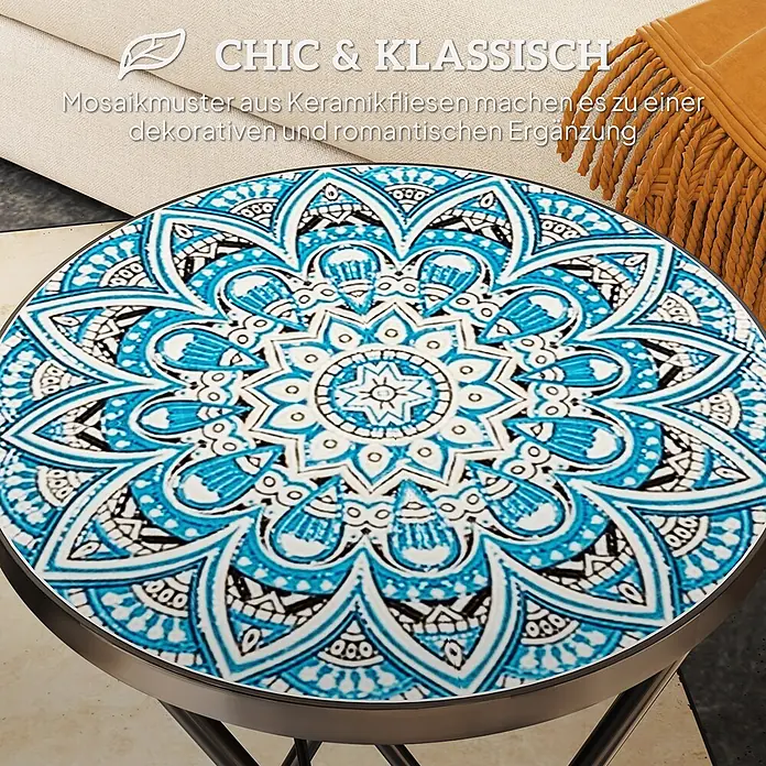 Outsunny Garten-Beistelltisch rund - Ø x H: 35,5 x 55 cm, Klappbar, Blau - Runder Beistelltisch mit lebhaftem blau-weißem Keramikmosaikmuster, eine schicke und dekorative Ergänzung.
