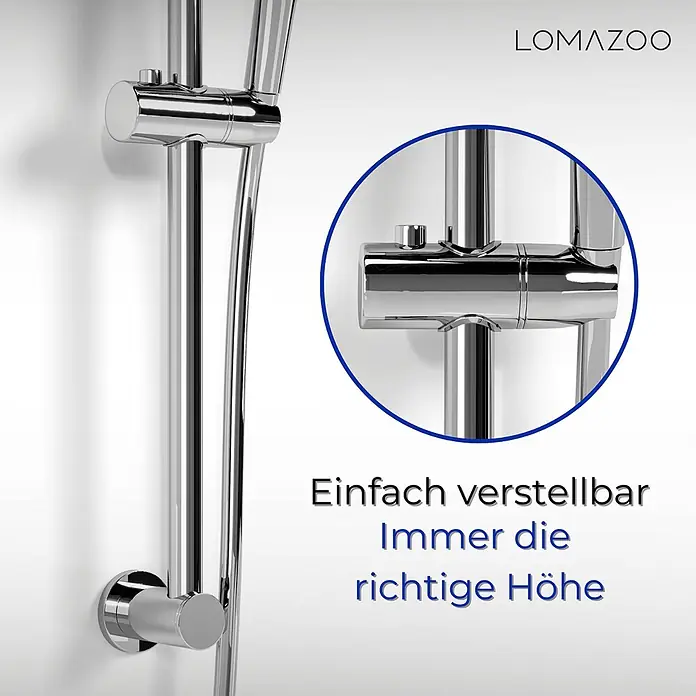 LOMAZOO Duschsystem BARSET-01-CHROME - Glänzend - Verchromte Duschstange mit leicht verstellbarer Halterung für individuelle Höhe.