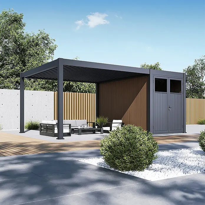 Weide Gartenhaus-Anbau Aluminium & WPC Anbau-Gartenhaus für Weide Pergola 4 x 2 M Anthrazit & Teak - Außenmaß inkl. Dachüberstand (B x T): 200 x 400 cm, Aluminium, Anthrazit & Teak - Dunkelgraue Aluminium-Pergola mit integrierter Abstellkammer, Holzwand und Loungemöbeln auf einer modernen Terrasse.