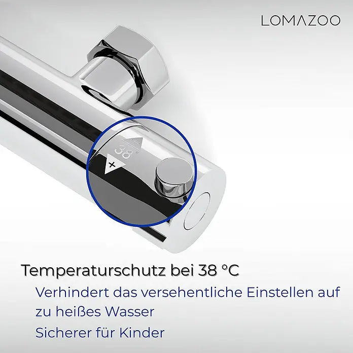 LOMAZOO Duschsystem LMZ-CIELO - Glänzend - Verchromter Thermostat-Duschmischer mit 38°C Temperatursperre für Verbrühschutz und Kindersicherheit.