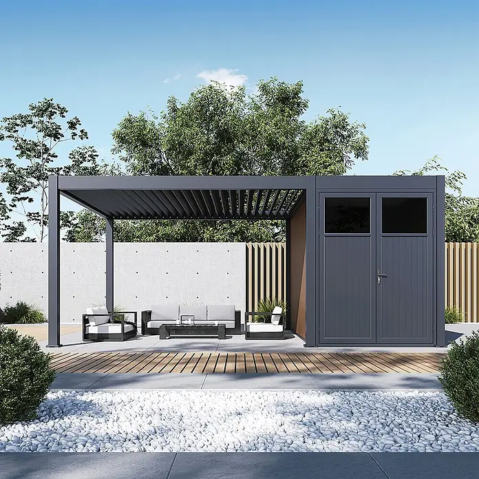 Weide Gartenhaus-Anbau Aluminium & WPC Anbau-Gartenhaus für Weide Pergola 4 x 2 M Anthrazit & Teak - Außenmaß inkl. Dachüberstand (B x T): 200 x 400 cm, Aluminium, Anthrazit & Teak - Dunkelgraue Metall-Pergola mit verstellbarem Lamellendach und angebautem Geräteschuppen, auf moderner Terrasse mit Sitzmöbeln.