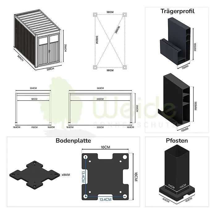 Weide Gartenhaus-Anbau WE-AG-360-ANT - Außenmaß inkl. Dachüberstand (B x T): 200 x 360 cm, Aluminium, Anthrazit & Teak - Dunkelgraue modulare Carport-/Pergola-Komponenten: Maße, Bodenplatten, Pfosten und Profile.