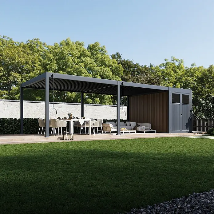 Weide Gartenhaus-Anbau WE-AG-360-ANT - Außenmaß inkl. Dachüberstand (B x T): 200 x 360 cm, Aluminium, Anthrazit & Teak - Graue Aluminium-Pergola mit integriertem Schuppen, bietet überdachten Ess- und Lounge-Bereich im Garten.