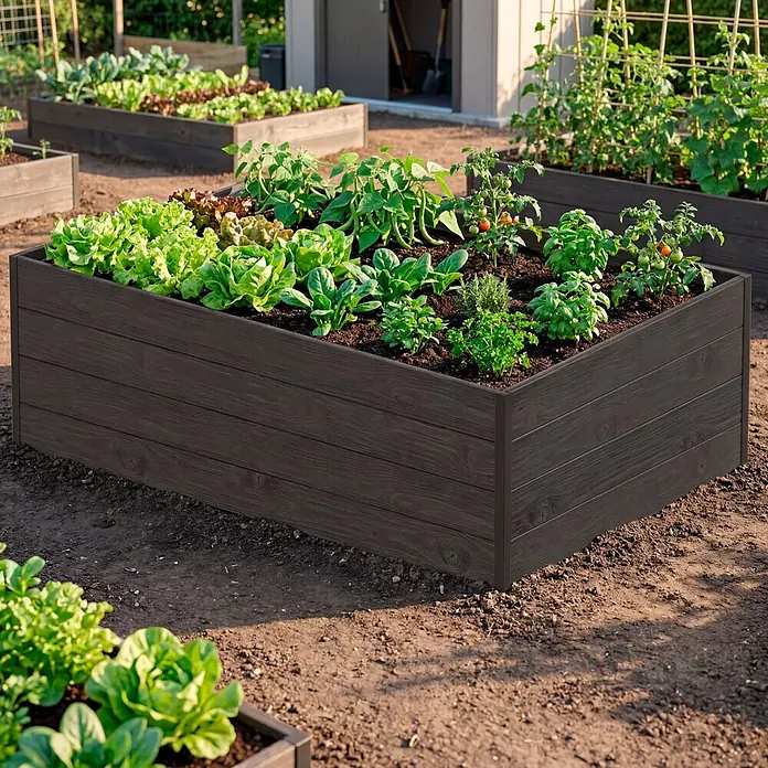 Upyard Hochbeet Gardenbox I-Box - 120 x 80 x 40 cm, Holz, Schwarz - Dunkles Hochbeet in Holzoptik, gefüllt mit frischem Gemüse und Kräutern in einem Garten.