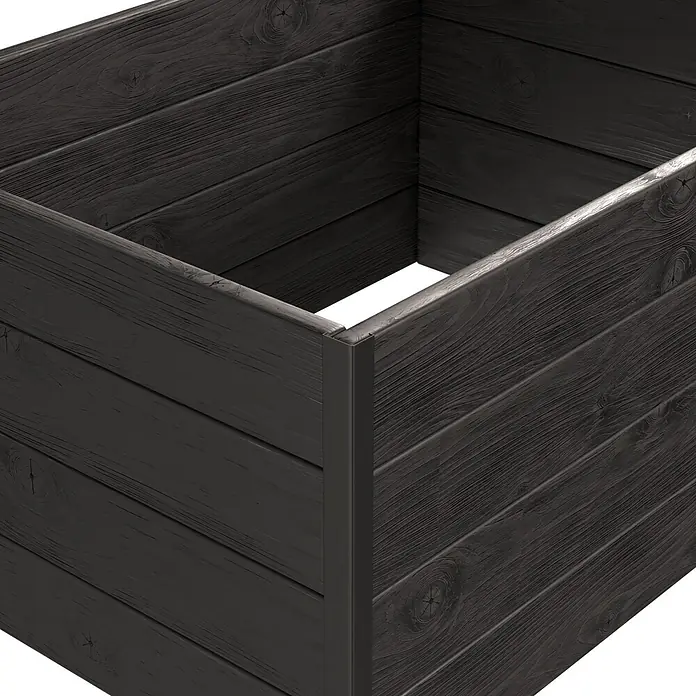 Upyard Hochbeet Gardenbox I-Box - 80 x 60 x 40 cm, Holz, Schwarz - Leerer dunkelgrauer Holzpflanzkasten mit sichtbarer Maserung und Ästen, schräge Ansicht.