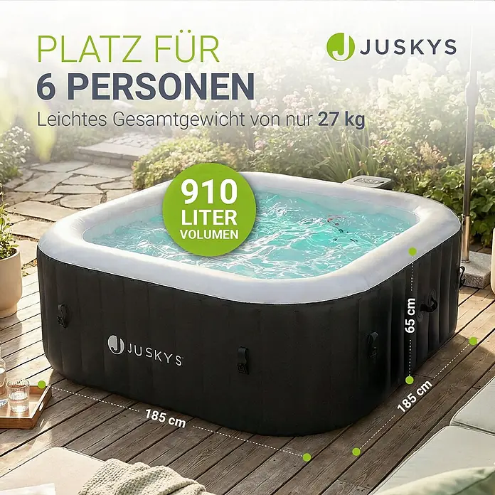 Juskys Außen-Whirlpool SpaLuxe - 185 x 185 x 65 cm, Schwarz - JUSKYS aufblasbarer Whirlpool für 6 Personen (910L), schwarz-weiß, auf Holzdeck im Garten.