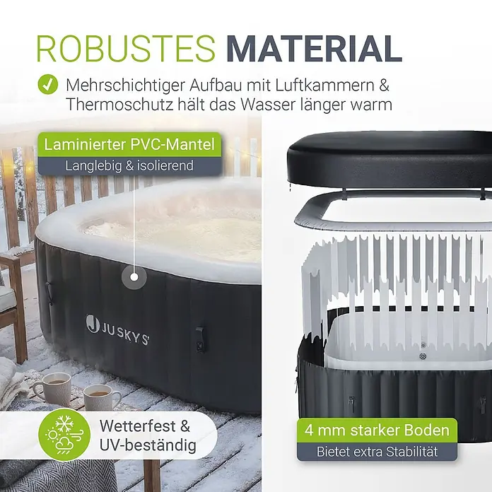 Juskys Außen-Whirlpool SpaLuxe - 185 x 185 x 65 cm, Schwarz - Dunkelgrauer aufblasbarer Whirlpool in winterlicher Umgebung, der seine robuste, isolierte und wetterfeste laminierte PVC-Konstruktion zeigt.