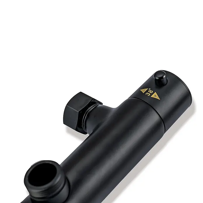LOMAZOO Duschsystem LMZ-PANDORA - Anzahl Strahlarten: 1 Stk., Schwarz - Schwarzer Thermostatmischer-Bestandteil mit 38°-Temperaturmarkierung und Bedienknopf.