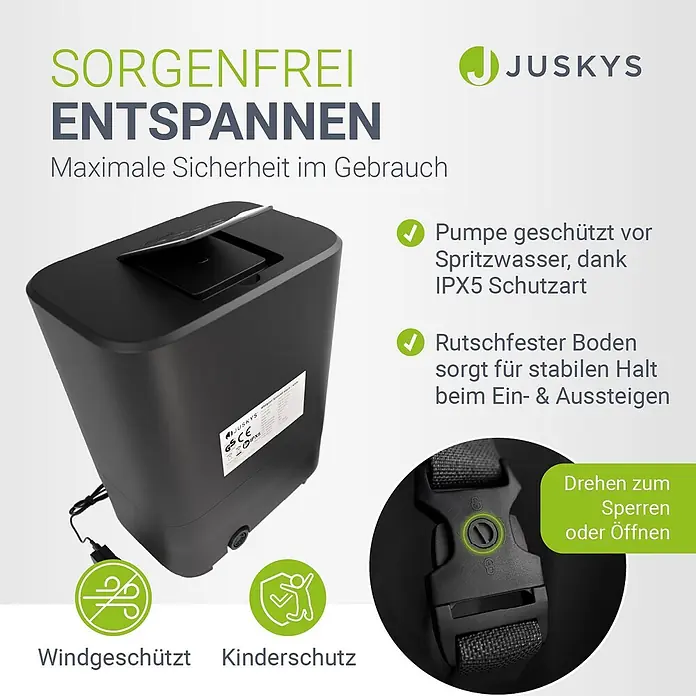 Juskys Außen-Whirlpool SpaLuxe - 185 x 185 x 65 cm, Schwarz - Schwarze, rechteckige Steuerungseinheit für eine Whirlpool- oder Poolpumpe, mit IPX5 Spritzwasserschutz und Kindersicherung.