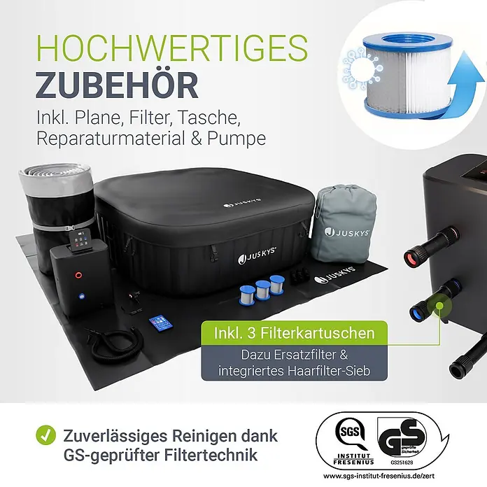 Juskys Außen-Whirlpool SpaLuxe - 185 x 185 x 65 cm, Schwarz - Diverse Juskys Whirlpool-Zubehörteile: Filter, Abdeckung, Pumpe, Tasche, Reparaturmaterial. Betont hochwertige Filtertechnik für zuverlässige Reinigung.