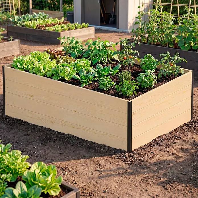 Upyard Hochbeet Gardenbox I-Box - 120 x 80 x 40 cm, Holz, Natur - Hochbeet aus Naturholz mit dunklen Eckstützen, gefüllt mit verschiedenen Grünpflanzen.
