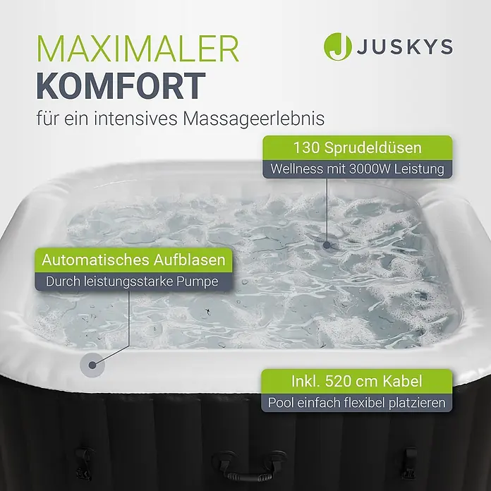 Juskys Außen-Whirlpool SpaLuxe - 185 x 185 x 65 cm, Schwarz - Aufblasbarer schwarz-weißer Whirlpool mit sprudelndem Wasser, hervorgehoben mit 130 Massagedüsen und automatischer Aufblasfunktion.