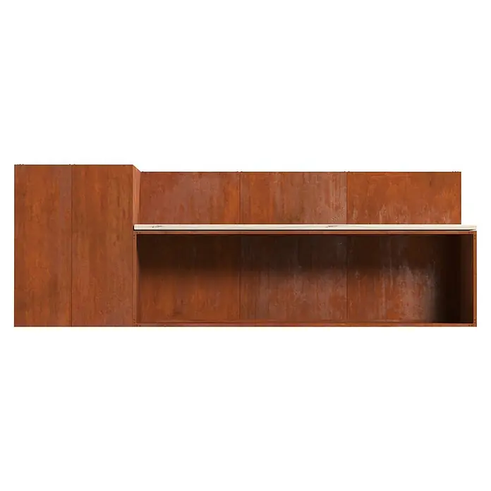Palatino Hochbeet Urbank - 100 x 200 x 70 cm, Cortenstahl, Rostbraun - Rostfarbene Metall-Aufbewahrungseinheit mit heller Holzablage und offenem Fach.