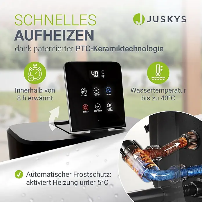 Juskys Außen-Whirlpool SpaLuxe - 185 x 185 x 65 cm, Schwarz - Schwarzes Bedienfeld für Whirlpool-/Poolheizung, zeigt Temperatur, Tasten und betont schnelles PTC-Keramikheizen bis 40°C sowie automatischen Frostschutz.
