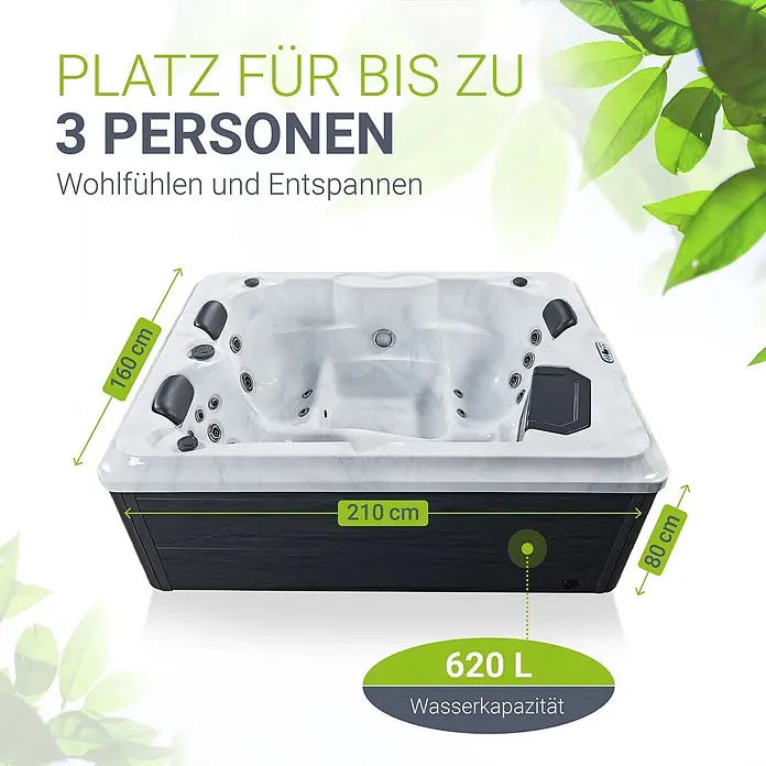 Artsauna Außen-Whirlpool Oasis - 160 x 210 x 80 cm, Grau - Ein Whirlpool mit marmorierter Oberfläche und dunklem Gehäuse, Maße (210x160x80 cm) für 3 Personen, 620 L Fassungsvermögen.