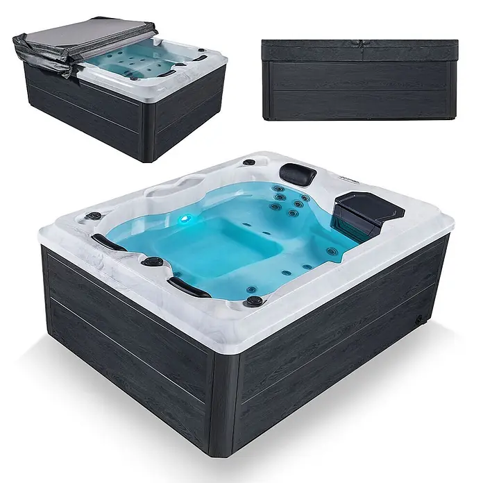 Artsauna Außen-Whirlpool Oasis - 160 x 210 x 80 cm, Grau - Ein dunkelgrauer Whirlpool mit weiß-marmorierter Innenseite, blauem Wasser und passender grauer Abdeckung, offen und geschlossen gezeigt.
