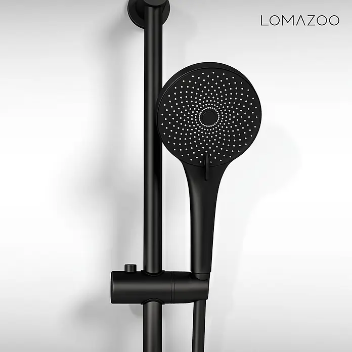 LOMAZOO Duschsystem LMZ-LANDO - Schwarz - Mattes schwarzes Duschset mit Handbrause und verstellbarer Gleitstange.