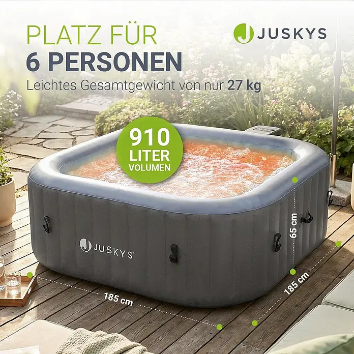 Juskys Außen-Whirlpool SpaLuxe - 185 x 185 x 65 cm, Grau - Grauer aufblasbarer Whirlpool (185x185x65 cm) für 6 Personen, 910 Liter Volumen, auf Holzterrasse.