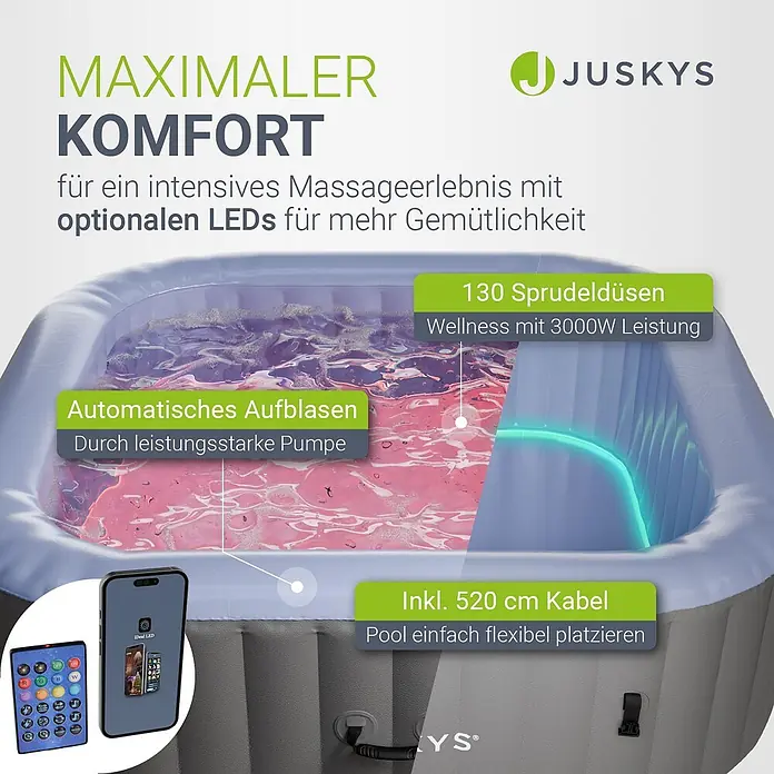 Juskys Außen-Whirlpool SpaLuxe - 185 x 185 x 65 cm, Grau - Grauer aufblasbarer Whirlpool mit internen LED-Leuchten, Sprudeldüsen und automatischer Aufblasfunktion.