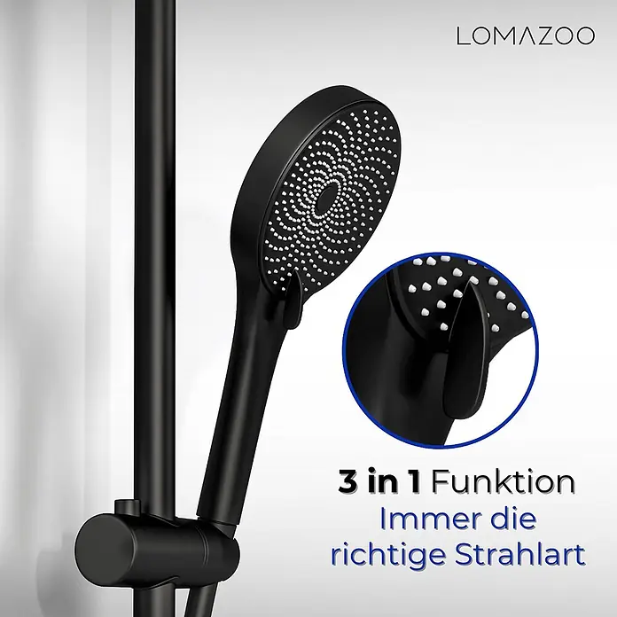 LOMAZOO Duschsystem LMZ-LANDO - Schwarz - Schwarze Handbrause mit 3 Strahlarten an passender Duschstange.