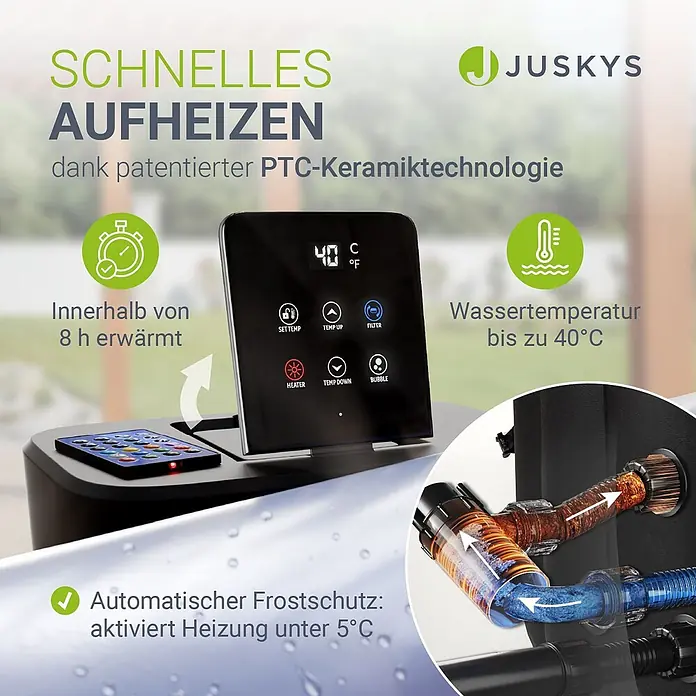 Juskys Außen-Whirlpool SpaLuxe - 185 x 185 x 65 cm, Grau - Schwarzes Kontrollpanel für einen Whirlpool mit Display (40°C), Fernbedienung und Illustrationen zur schnellen Erwärmung auf bis zu 40°C und Frostschutz.