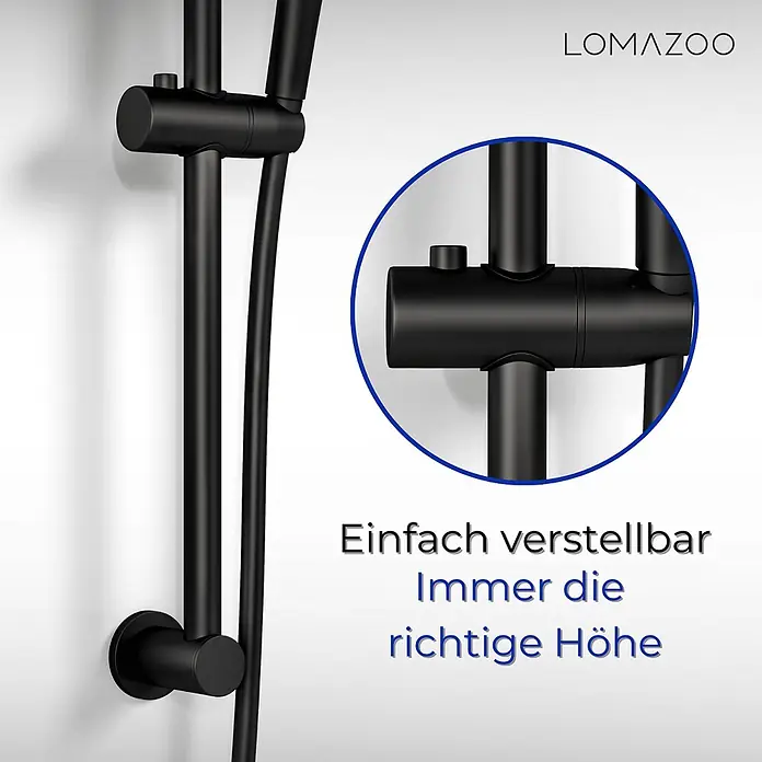LOMAZOO Duschsystem LMZ-LANDO - Schwarz - Schwarze Duschstange mit verstellbarer Brausehalterung.