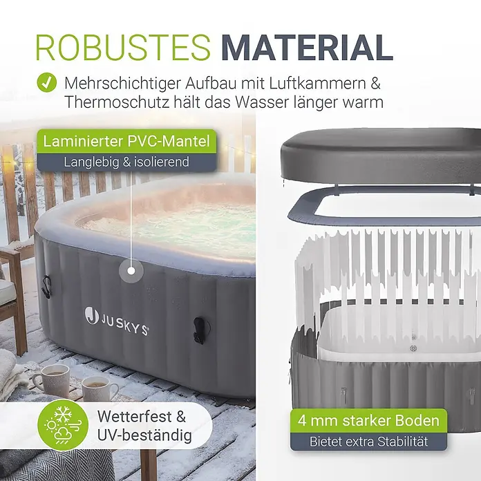 Juskys Außen-Whirlpool SpaLuxe - 185 x 185 x 65 cm, Grau - Grauer aufblasbarer Whirlpool: robustes laminiertes PVC, mehrschichtige Isolierung, 4mm dicker Boden, wetter- & UV-beständig.