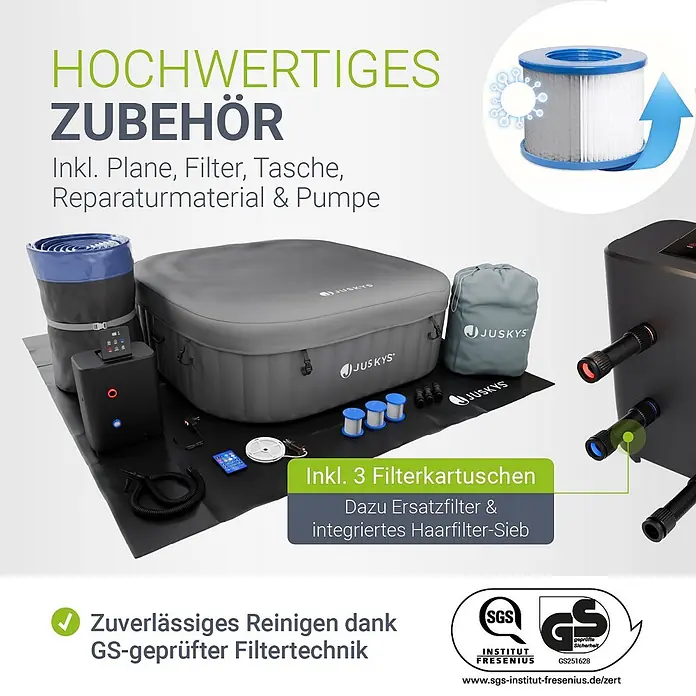 Juskys Außen-Whirlpool SpaLuxe - 185 x 185 x 65 cm, Grau - Grauer aufblasbarer Whirlpool mit schwarzer Steuerung und Zubehör wie Filtern, Pumpe und Reparaturset.