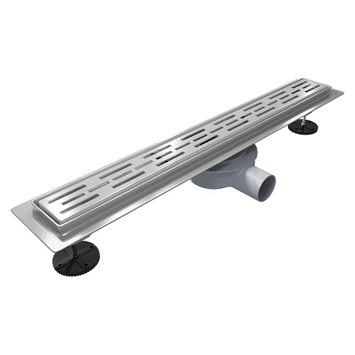 LOMAZOO Duschsystem SFD-01-BRUSHED-60 - Stahl - Edelstahl-Linienentwässerung mit grauem Rohranschluss und schwarzen Verstellfüßen.