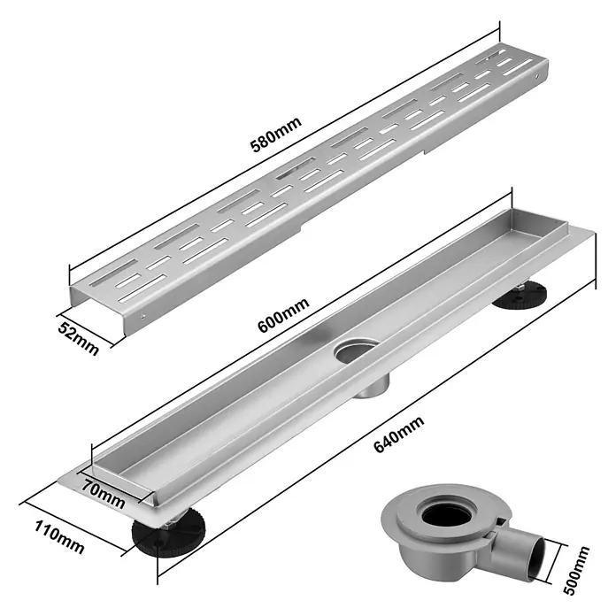 LOMAZOO Duschsystem SFD-01-BRUSHED-60 - Stahl - Silbernes lineares Duschablaufsystem mit abnehmbarem Rost, Kanalbasis und Abflussfalle, Maße angezeigt.