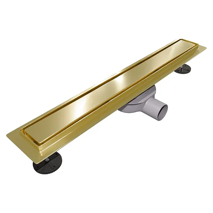 LOMAZOO Duschsystem SFD-02-GOLD-70 - Gold - Goldfarbener, linearer Duschablauf mit grauem Kunststoffabfluss.