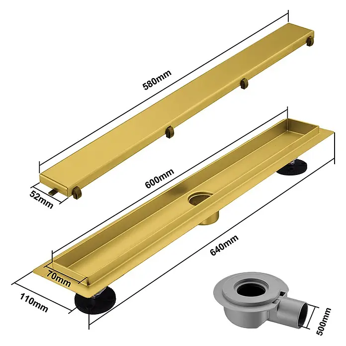 LOMAZOO Duschrinne Nilo 60 cm Gold -  - Goldfarbenes lineares Duschabflusssystem mit Rost, Rinne und Rohr, Maße sichtbar.