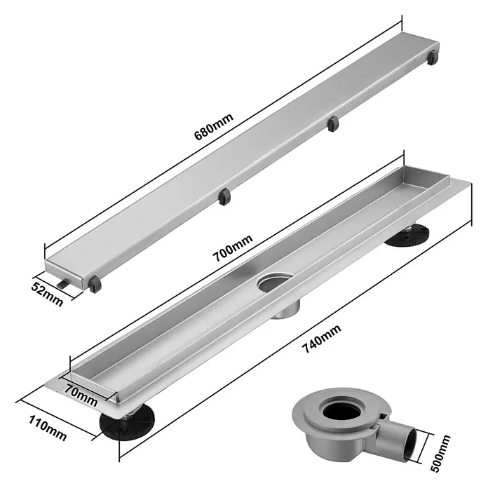 LOMAZOO Duschsystem SFD-02-BRUSHED-70 - Stahl - Lineares Duschablaufsystem aus Edelstahl mit Rost, zeigt Maße der Komponenten.